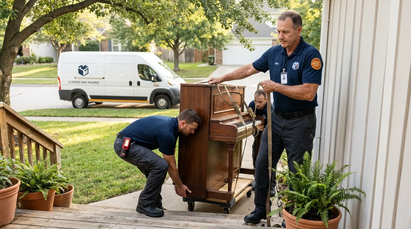 Licensed piano movers securing grand piano in Eagle, CO